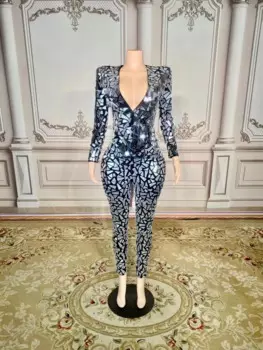 Женский Блестящий комбинезон с длинным рукавом и V-образным вырезом