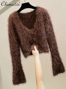 Женский Блестящий трикотажный кардиган с V-образным вырезом