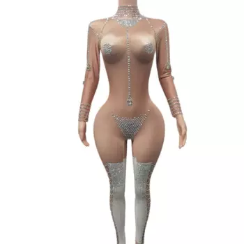 Женский Блестящий женский комбинезон, сексуальный облегающий костюм телесного цвета для ночного клуба, костюм для выступления, танцевальный костюм для певицы, одежда для сценического шоу Tuoyiwu