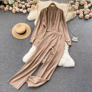 Женский брючный костюм, модный однотонный костюм с лямкой на шее + однобортный трикотажный кардиган + Мягкие Универсальные прямые брюки, офисный костюм для женщин