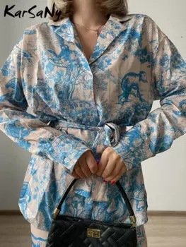 Женский брючный костюм с принтом, роскошные свободные комплекты из 2 предметов, рубашка с длинным рукавом и поясом и брюки, комплект из двух предметов, женские костюмы с брюками, летний костюм женский