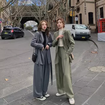 Женский брючный костюм с широкими штанинами, однотонный комплект из двух предметов, свободный двубортный приталенный костюм с широкими штанинами, весна-осень