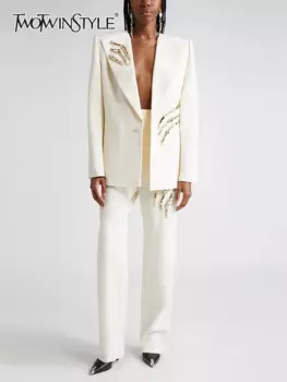 Женский брючный костюм TWOTWINSTYLE, однотонный комплект из двух предметов, свободный блейзер с отложным воротником и длинными рукавами, брюки с высокой талией и вырезами на лето