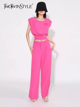 Женский брючный костюм TWOTWINSTYLE, однотонный комплект из двух предметов, топ без рукавов с круглым вырезом, со шнуровкой, прямые брюки с высокой талией