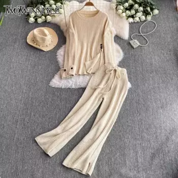 Женский брючный костюм TWOTWINSTYLE, повседневный комплект из двух предметов, топ с круглым вырезом и длинными рукавами, брюки с высокой талией, KSE513207