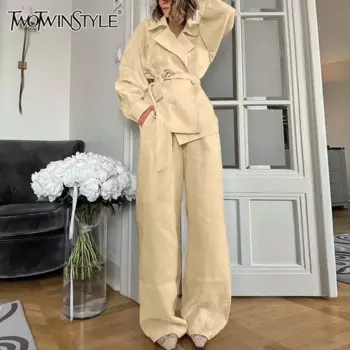 Женский брючный костюм TWOTWINSTYLE, Свободный Повседневный Комплект из двух предметов, топ с отложным воротником и длинными рукавами, со шнуровкой, широкие брюки с высокой талией