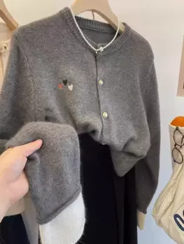 Женский бутик LDZWSM, высококачественный вязаный кашемировый свитер с вышивкой, кардиган с круглым вырезом, свитер с длинными рукавами, новый шерстяной свитер