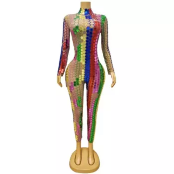 Женский цельный комбинезон с разноцветными блестками, сексуальный танцевальный сценический костюм, боди, костюм для вечеринки, дня рождения, празднования, костюм, женские леггинсы