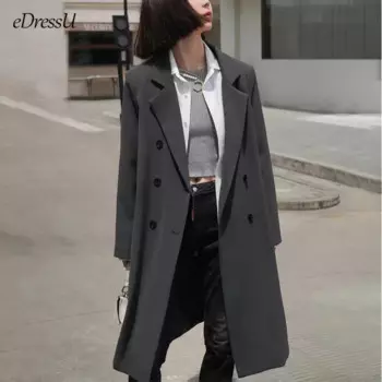 Женский Длинный блейзер, ветровка, куртка, стильный повседневный костюм, Весенняя серая, черная куртка, Офисная Женская деловая верхняя одежда, 2023