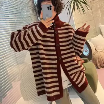 Женский длинный кардиган контрастных цветов, винтажные свободные вязаные пальто в полоску с высоким воротником, модная эстетичная осенняя куртка, женский джемпер