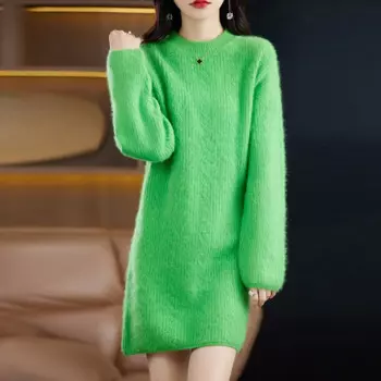 Женский длинный кашемировый свитер, свободный приталенный шерстяной вязаный пуловер с круглым вырезом, Осень-зима