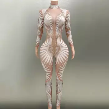 Женский Длинный комбинезон с белыми блестящими бриллиантами