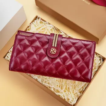 Женский Длинный кожаный кошелек на двойной молнии, вместительный клатч, новинка 2024, модный простой кошелек, женская сумка для карт винного цвета