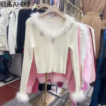 Женский Длинный свитер с V-образным вырезом и перьями