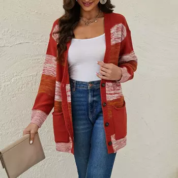 Женский длинный вязаный джемпер с V-образным вырезом, в полоску