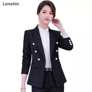 Женский двубортный Блейзер Lenshin, темно-синий элегантный деловой пиджак, верхняя одежда для работы