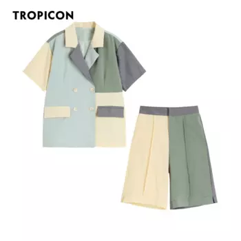 Женский двубортный Блейзер TROPICON, Зеленый Летний Блейзер контрастной расцветки, корейская мода 2020