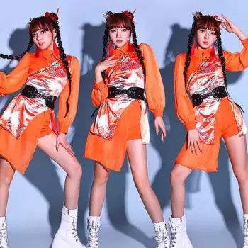 Женский джазовый танцевальный костюм, оранжевый костюм в китайском стиле, танцевальный костюм в стиле хип-хоп, DQS17142, 2024
