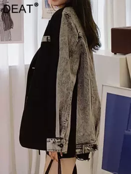 Женский Джинсовый блейзер DEAT, комбинированный Блейзер контрастных цветов с длинными рукавами и карманами, куртка на осень, 29L1200, 2024