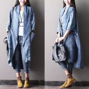 Женский джинсовый кардиган, осень 2019, верхняя одежда с большими карманами, рукав летучая мышь, 100% хлопок, размера плюс