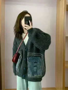 Женский джинсовый кардиган с V-образным вырезом, длинным рукавом