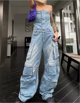 Женский джинсовый комбинезон без бретелек, с высокой талией