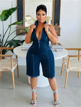 Женский джинсовый комбинезон без рукавов, с лямкой на шее