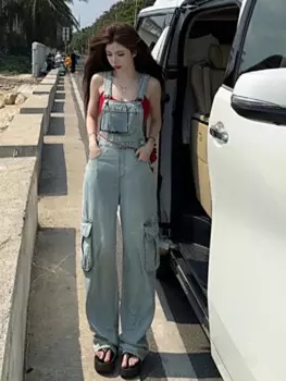 Женский джинсовый комбинезон на бретельках, длинный комбинезон с карманами, Летний комбинезон в уличном стиле