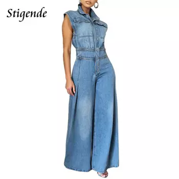 Женский джинсовый комбинезон на пуговицах, без рукавов