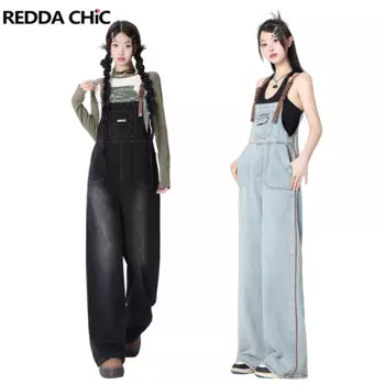 Женский джинсовый комбинезон REDDACHiC на кожаных лямках, комбинезон черного и синего цвета с потертостями, комбинезон с широкими штанинами, повседневная одежда Y2k в стиле ретро