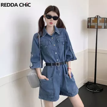 Женский джинсовый комбинезон ReddaChic OL, однобортный комбинезон с широкими штанинами, карманами, лацканами и длинными рукавами, джинсовый комбинезон, шорты, Повседневная Рабочая одежда