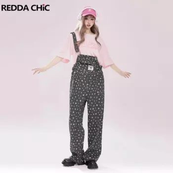 Женский джинсовый комбинезон REDDACHiC, повседневный прямой комбинезон черного цвета с цветочным принтом и регулируемыми лямками, винтажная одежда