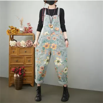 Женский джинсовый комбинезон с цветочным принтом, свободного покроя