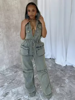 Женский джинсовый комбинезон с капюшоном, без рукавов