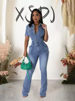 Женский джинсовый комбинезон с коротким рукавом, летний эластичный комбинезон из джинсовой ткани