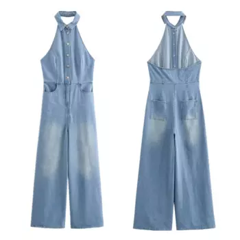 Женский джинсовый комбинезон с лямкой на шее и открытой спиной