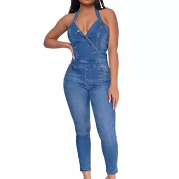 Женский джинсовый комбинезон с лямкой на шее, без рукавов