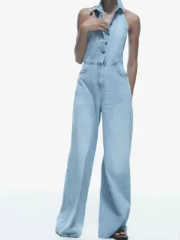 Женский джинсовый комбинезон с лямкой на шее и открытой спиной