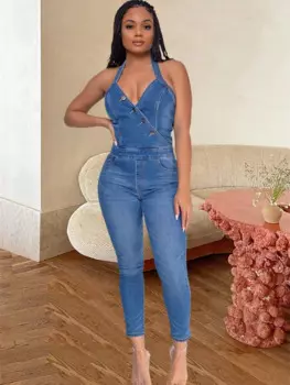 Женский джинсовый комбинезон с лямкой на шее, без рукавов