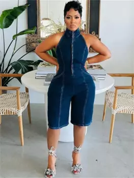 Женский джинсовый комбинезон с лямкой на шее, без рукавов