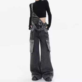 Женский джинсовый комбинезон с широкими штанинами, черного цвета