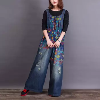 Женский джинсовый комбинезон с широкими штанинами, Свободный комбинезон из джинсовой ткани с дырками, 2019