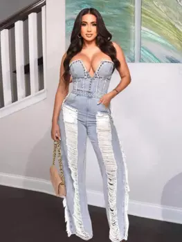 Женский джинсовый комбинезон с V-образным вырезом, без бретелек