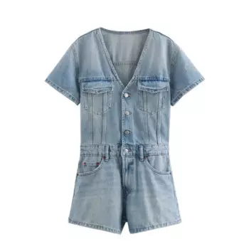 Женский джинсовый комбинезон с V-образным вырезом и карманами