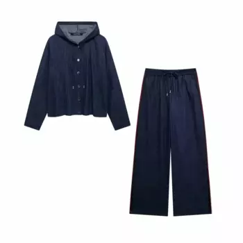 Женский джинсовый комплект из 2 предметов TRAFZA, Универсальная джинсовая рубашка с капюшоном в стиле ретро и шикарные джинсовые брюки в полоску сбоку на шнуровке, осень