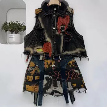 Женский джинсовый комплект из двух предметов, свободный джинсовый жилет с винтажным принтом и юбка, модный Индивидуальный костюм, ZF122, осень 2024