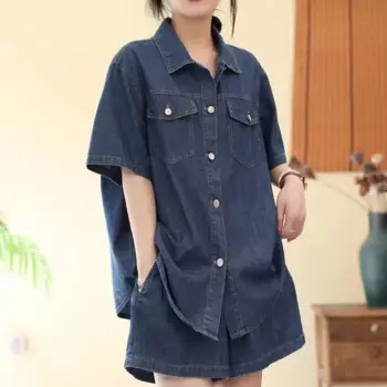 Женский джинсовый костюм из двух предметов, винтажная короткая рубашка и блузка из денима с эластичным поясом, костюм большого размера на лето, 2023