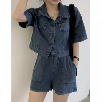 Женский джинсовый костюм из двух предметов, винтажная короткая рубашка и блузка из денима с эластичным поясом, костюм большого размера на лето, 2023