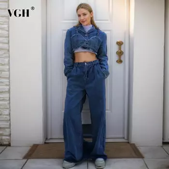 Женский джинсовый костюм VGH, повседневный комплект из двух предметов, короткая куртка с отложным воротником и длинным рукавом, брюки с высокой талией и широкими штанинами