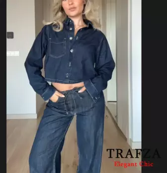Женский джинсовый пиджак и брюки TRAFZA, Классический Повседневный Джинсовый комплект с лацканами и пуговицами, брюки на шнуровке, весна-осень 2024